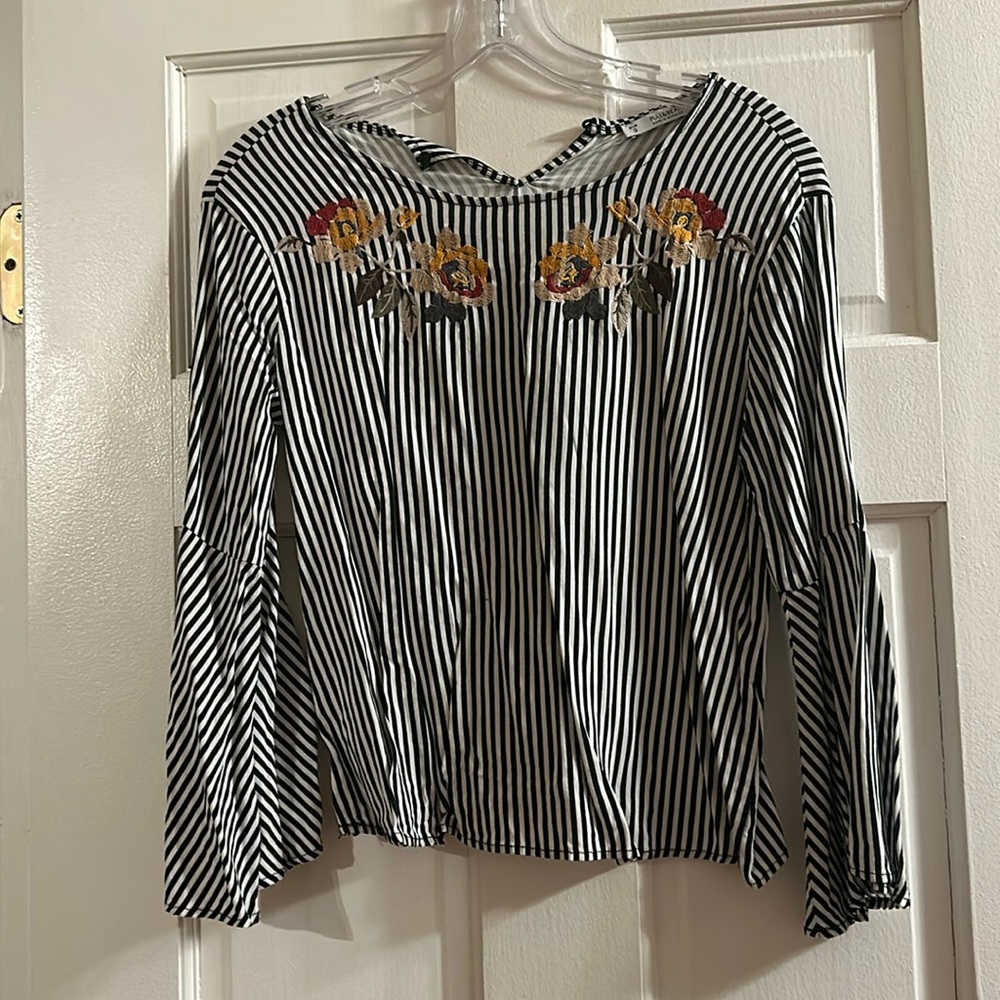 White and black striped blouse top with flower embroidered